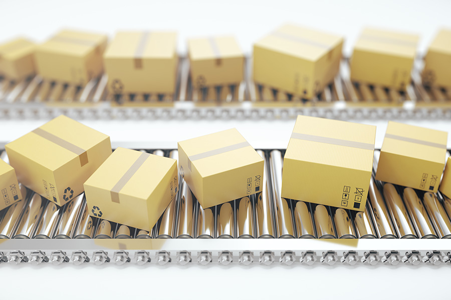 Packages delivery, packaging service and parcels transportation system concept, cardboard boxes on conveyor belt, 3d rendering Packaging
